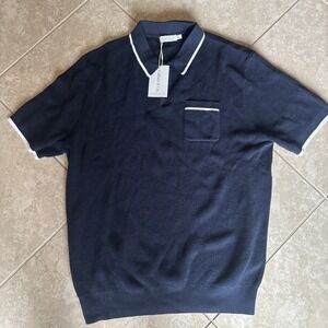 Collars and Co Waffle Knit Polo Size XL Navy with White Stripe NWT